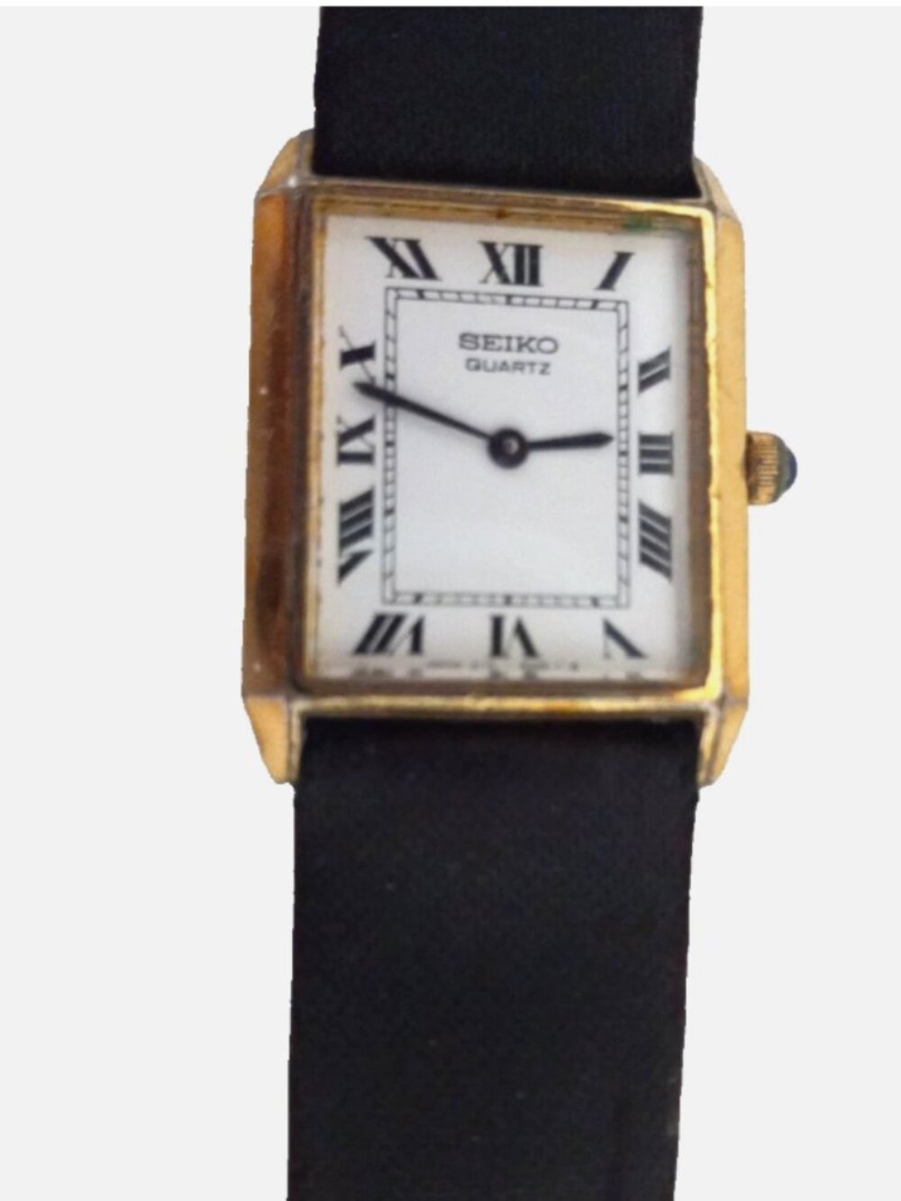 Vintage Seiko Tank Quartz Watch Gold Tone Roman Numeral Black Leather FOR REPAIR - Picture 6 of 12
